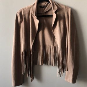 Tan Suede Fringe Collared Blazer